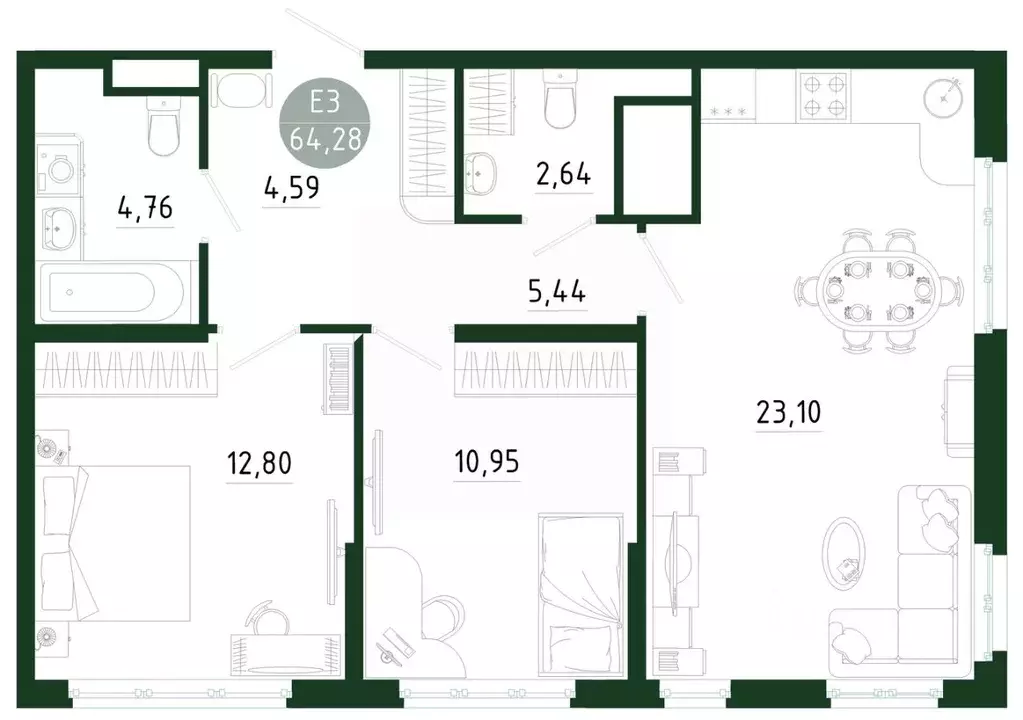 2-к кв. Тульская область, Тула Платон Парк жилой комплекс (64.28 м) - Фото 1