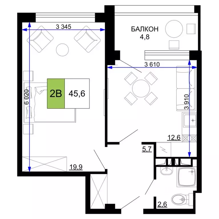 2-к кв. Краснодарский край, Анапа Мореград жилой комплекс (45.6 м) - Фото 1