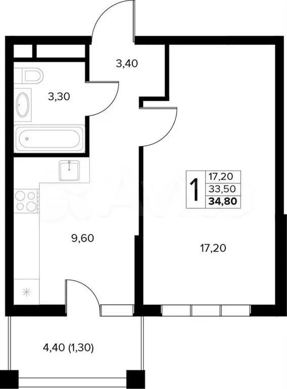 1-к. квартира, 34,8 м, 3/8 эт. - Фото 1