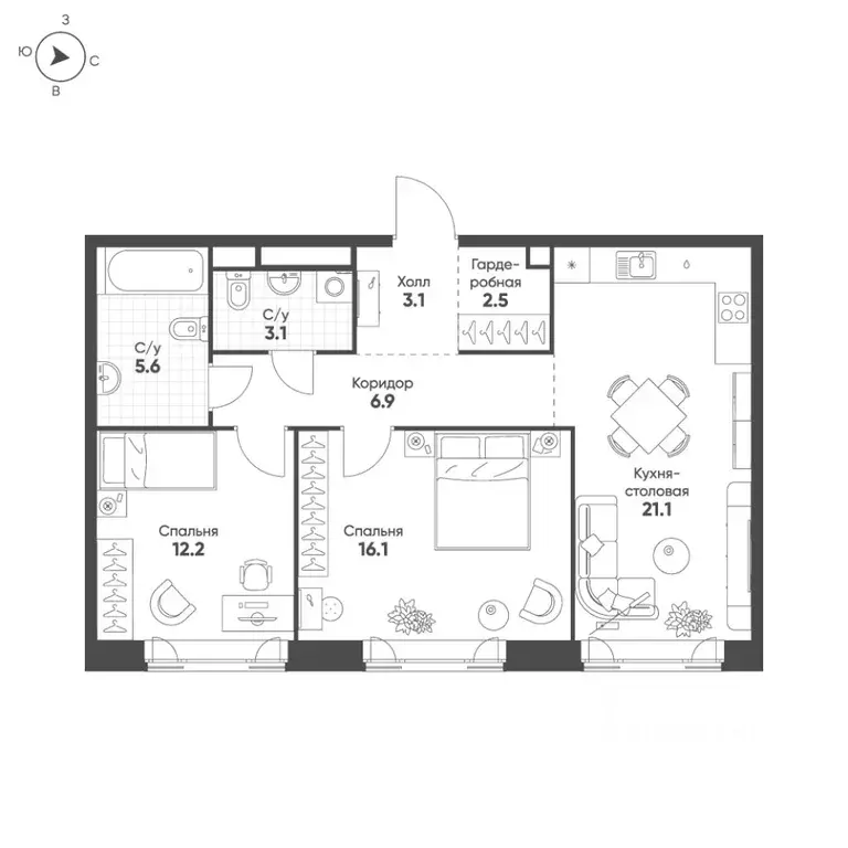 2-к кв. Москва Октябрьская ул., 103 (70.6 м) - Фото 0