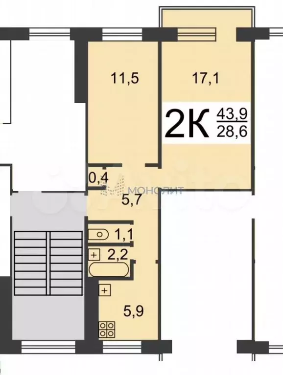 2-к. квартира, 44 м, 2/5 эт. - Фото 0
