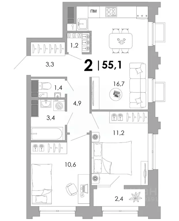 2-к кв. Владимирская область, Владимир Уно жилой комплекс (55.1 м) - Фото 1