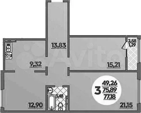 3-к. квартира, 77,2м, 4/8эт. - Фото 1