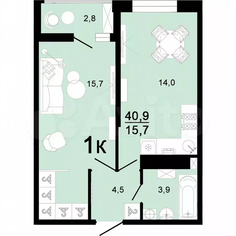 1-к. квартира, 40,9м, 4/8эт. - Фото 1