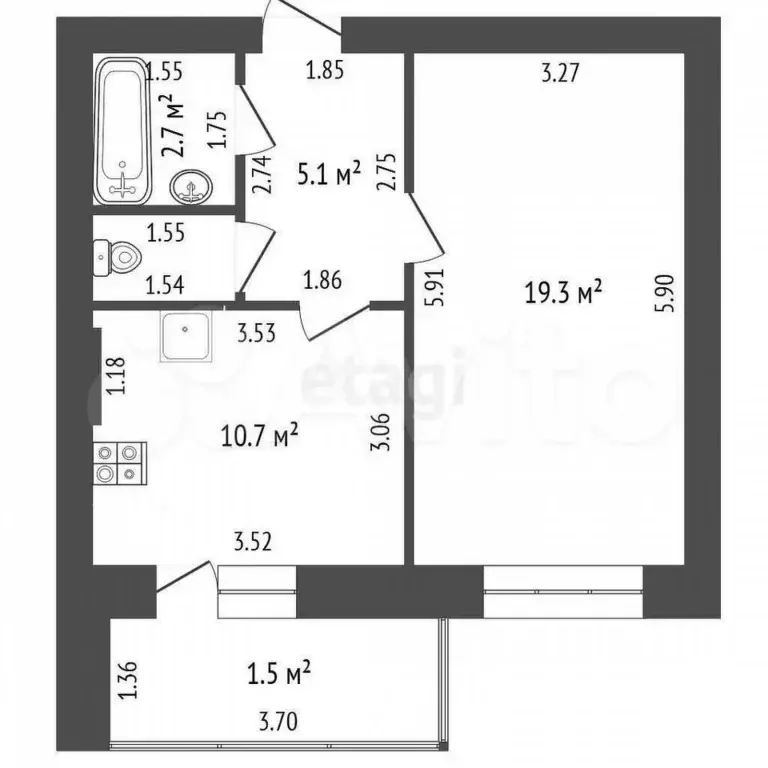 1-к. квартира, 42,8 м, 9/10 эт. - Фото 0