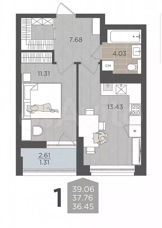 1-к. квартира, 37,8 м, 8/9 эт. - Фото 1