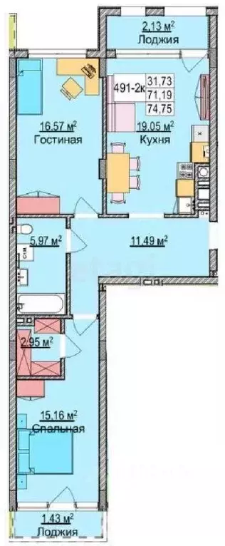 2-к кв. Калининградская область, Зеленоградск ул. Гагарина, 87 (72.2 ... - Фото 0