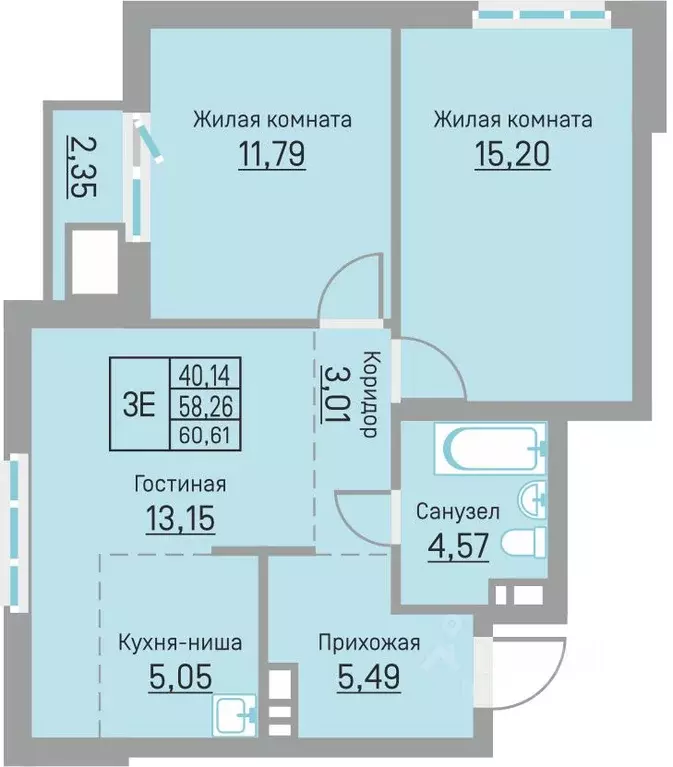 3-к кв. Пермский край, д. Кондратово ул. Водопроводная, 6/4 (60.59 м) - Фото 0