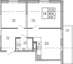 Квартира, 2 комнаты, 57.34 м - Фото 0