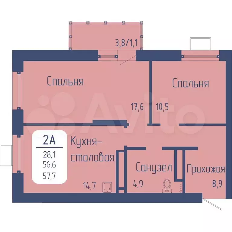 2-к. квартира, 57,7 м, 9/17 эт. - Фото 0