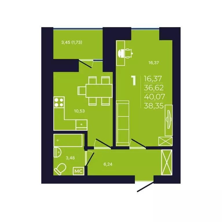 1-комнатная квартира: Уфа, улица Михаила Зайцева, 8 (38.3 м) - Фото 1