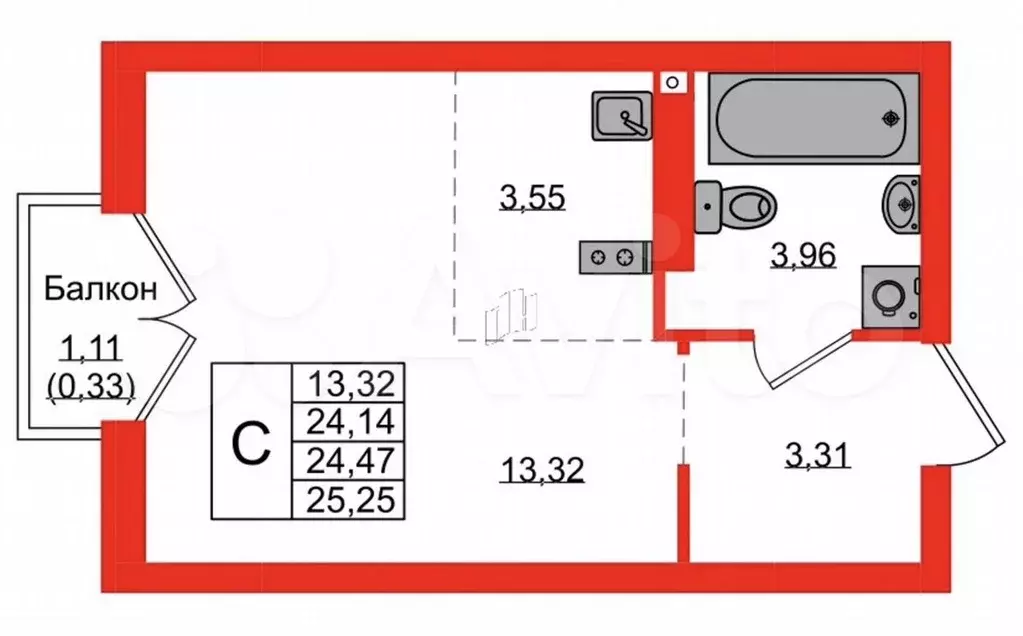 Квартира-студия, 24,5 м, 2/9 эт. - Фото 1