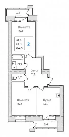 2-к кв. Амурская область, Благовещенск  (64.3 м) - Фото 0