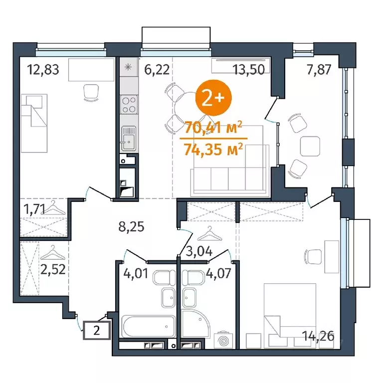 2-к кв. Тюменская область, Тюмень ул. Тимофея Кармацкого, 17 (70.41 м) - Фото 0