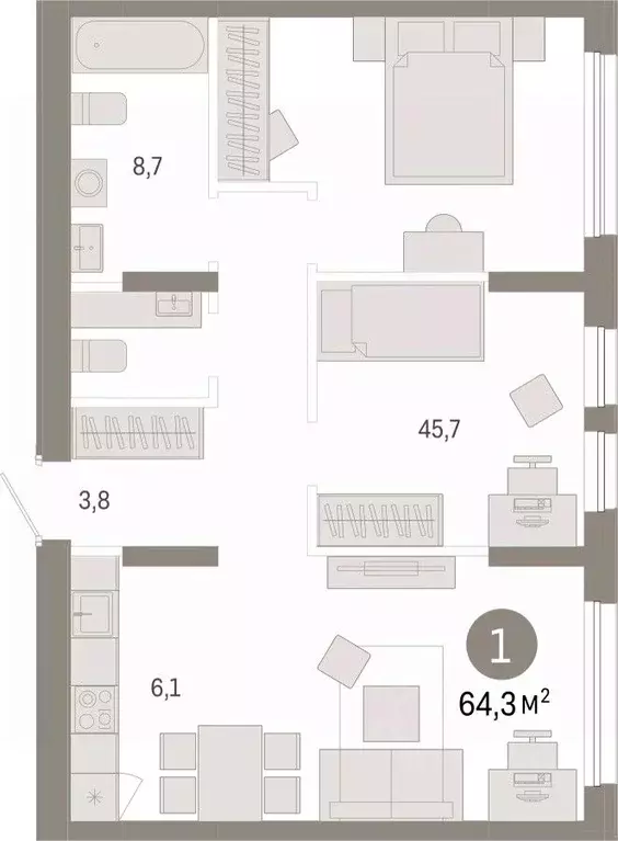 1-к кв. Тюменская область, Тюмень ул. Республики, 203к1 (64.3 м) - Фото 1