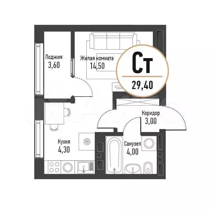 Квартира-студия, 31 м, 2/17 эт. - Фото 0