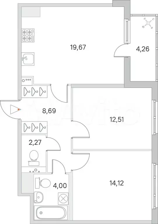 2-к. квартира, 63,4 м, 6/8 эт. - Фото 0