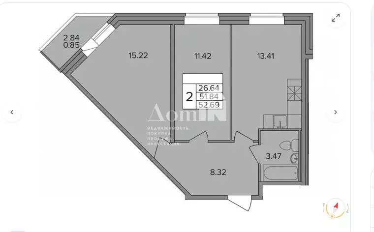 2-комнатная квартира: деревня Новое Девяткино, Лесная улица, 19 (51.84 ... - Фото 1