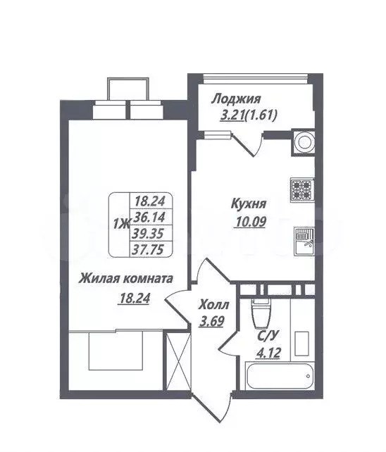 1-к. квартира, 37,8 м, 6/8 эт. - Фото 1