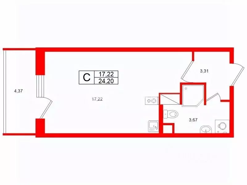 Студия Санкт-Петербург просп. Ветеранов, 171к4 (24.2 м) - Фото 1
