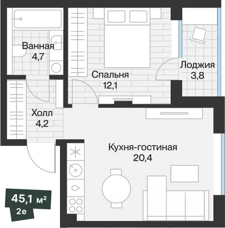 1-к кв. Тюменская область, Тюмень Ямская ул., 159с1/23 (43.19 м) - Фото 1