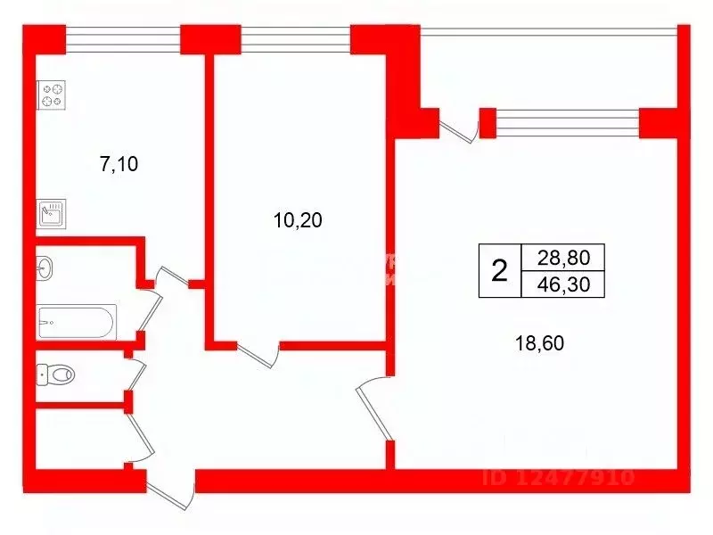2-к кв. Санкт-Петербург ул. Есенина, 36К1 (46.3 м) - Фото 2