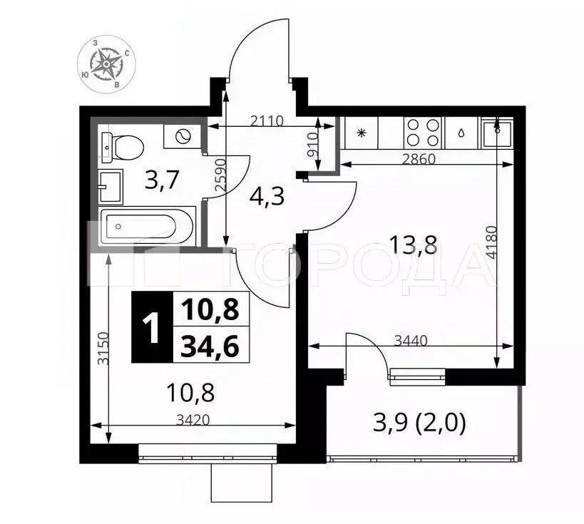 1-комнатная квартира: Видное, улица Фруктовые Сады, 1к2 (34.4 м) - Фото 0