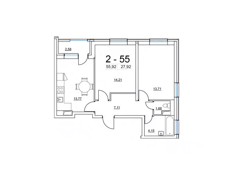 2-к кв. Санкт-Петербург Студенческая ул., 14к1 (55.0 м) - Фото 2
