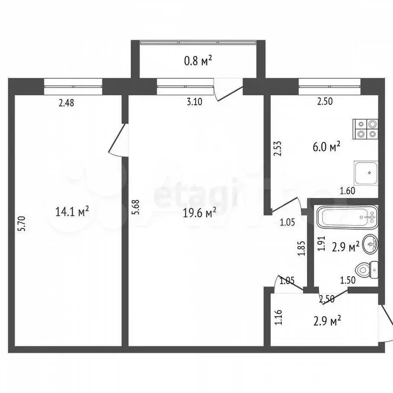 2-к. квартира, 45,5 м, 5/5 эт. - Фото 1