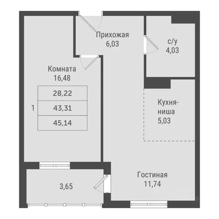 1-к кв. Ханты-Мансийский АО, Сургут Игоря Киртбая ул., 1А (45.14 м) - Фото 1