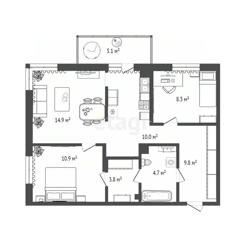 2-к кв. Тюменская область, Тюмень Профсоюзная ул., 59 (61.5 м) - Фото 1