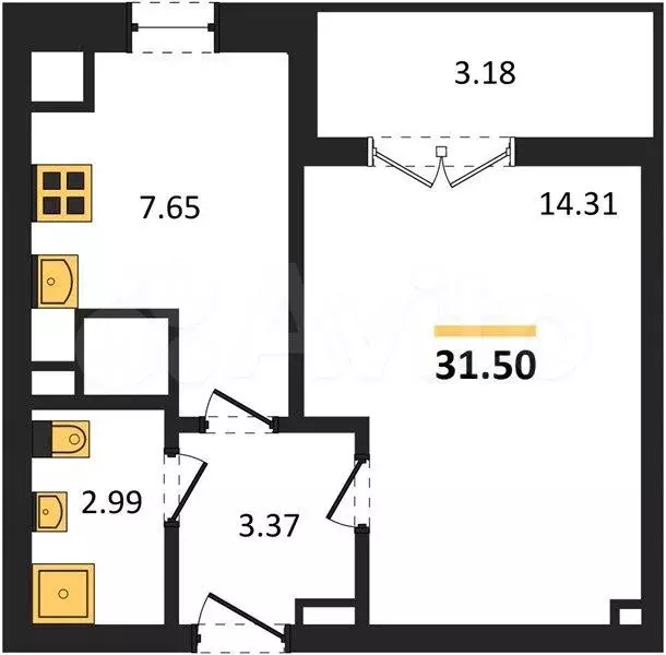 1-к. квартира, 31,5 м, 7/9 эт. - Фото 1