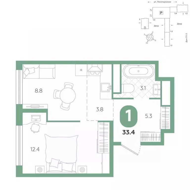 1-к кв. Тюменская область, Тюмень ул. Лесопарковая, 20 (33.4 м) - Фото 1