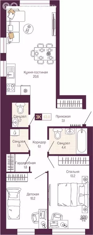 2-комнатная квартира: Нижний Новгород, Нижегородский район (63 м) - Фото 0