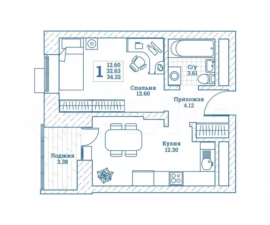 1-к. квартира, 34,6 м, 7/7 эт. - Фото 0