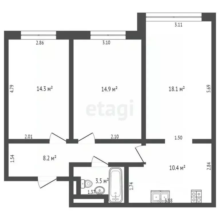 3-к кв. Кемеровская область, Кемерово ул. Мичурина, 58к1 (72.3 м) - Фото 1