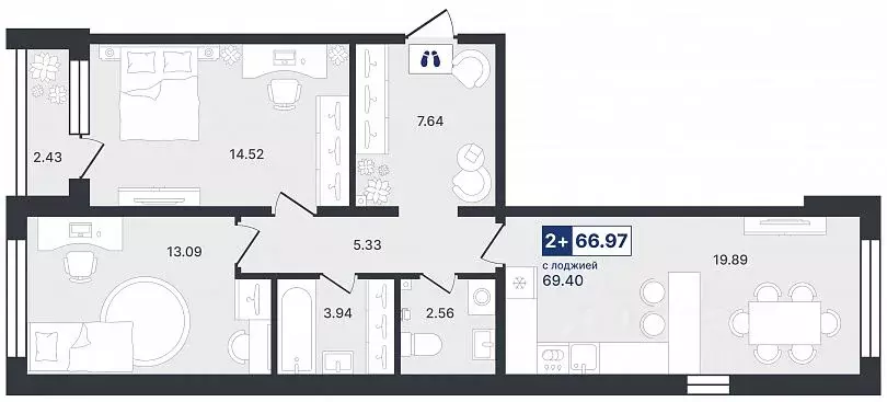 2-к кв. Тюменская область, Тюмень Ставропольская ул., 1к4 (66.97 м) - Фото 1