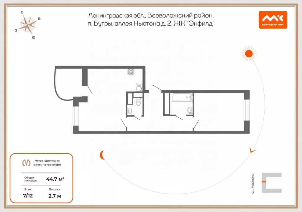 1-к кв. Ленинградская область, Всеволожский район, пос. Бугры аллея ... - Фото 2