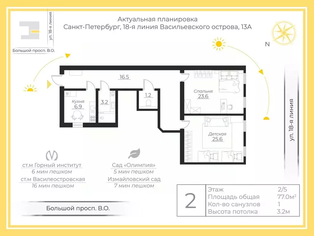 2-к кв. Санкт-Петербург 18-я Васильевского острова линия, 13А (77.3 м) - Фото 2