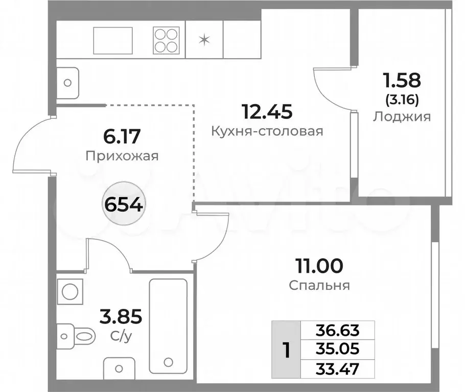 1-к. квартира, 36,6 м, 7/10 эт. - Фото 1