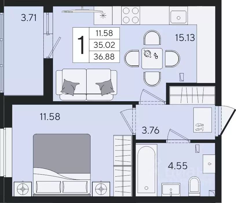 1-к кв. Краснодарский край, Краснодар  (36.88 м) - Фото 2