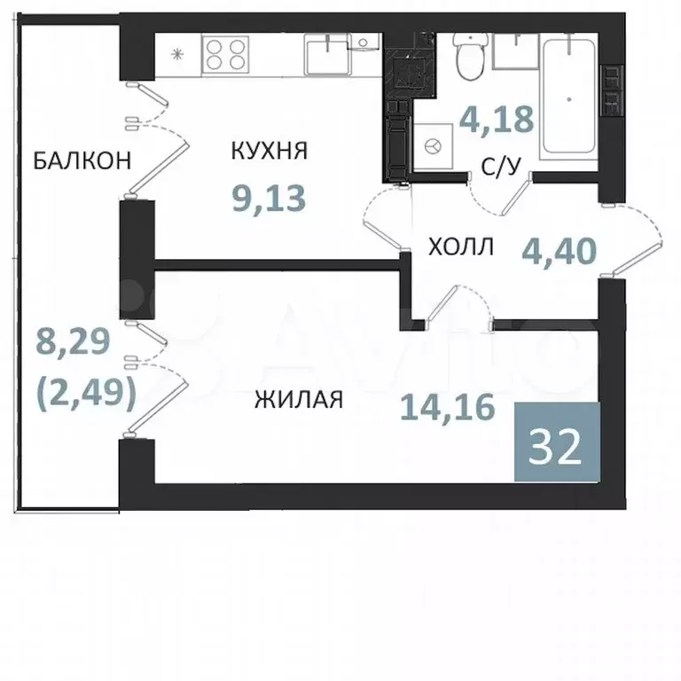1-к. квартира, 34,4 м, 5/5 эт. - Фото 0