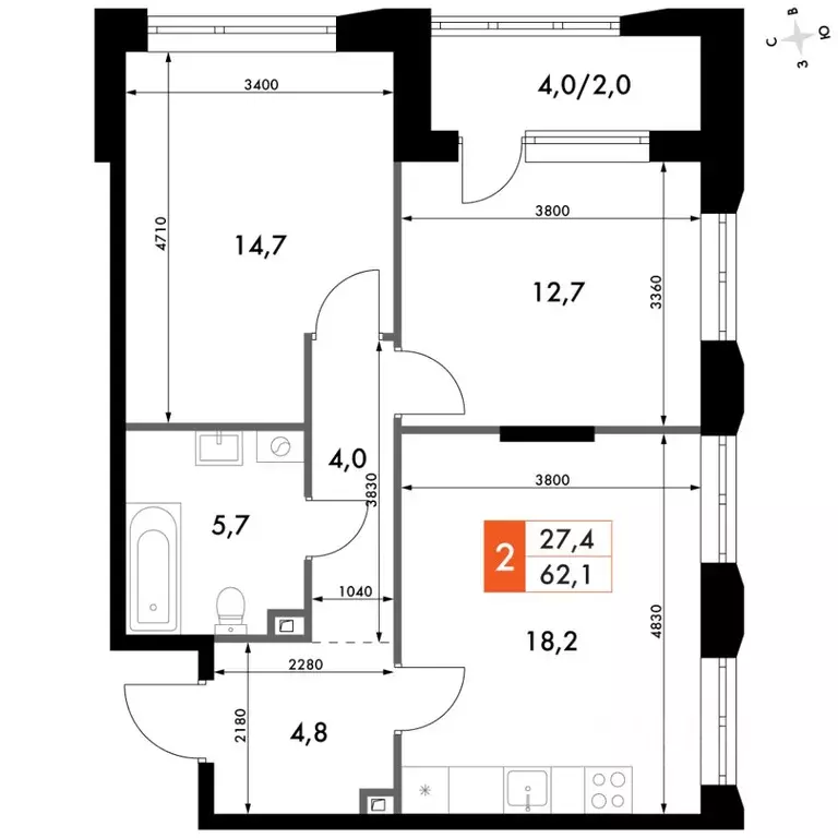 2-к кв. Нижегородская область, Нижний Новгород Черниговская ул. (62.1 ... - Фото 1
