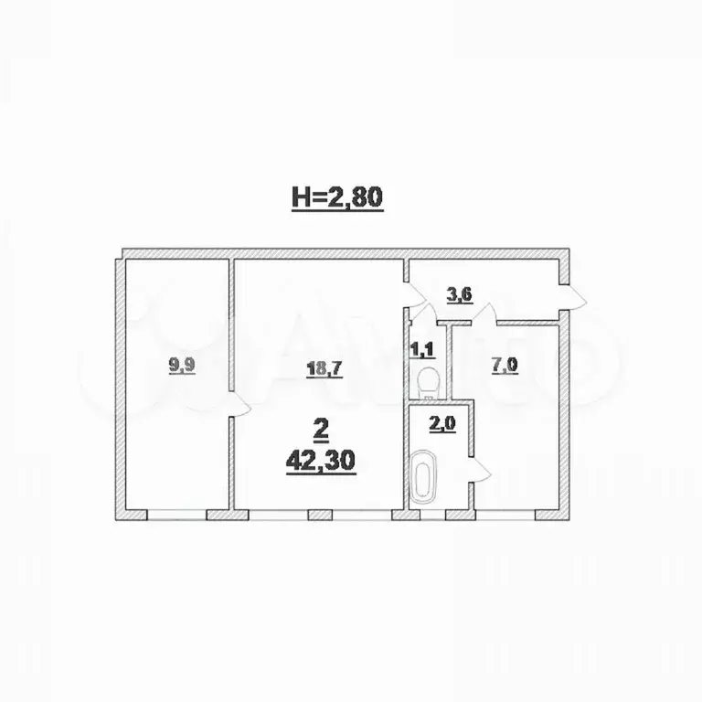 2-к. квартира, 42,3 м, 2/3 эт. - Фото 0