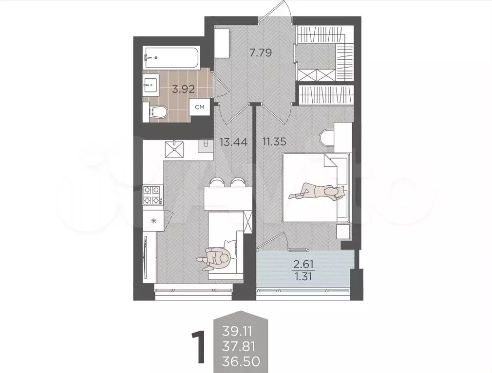 1-к. квартира, 37,8 м, 8/9 эт. - Фото 1