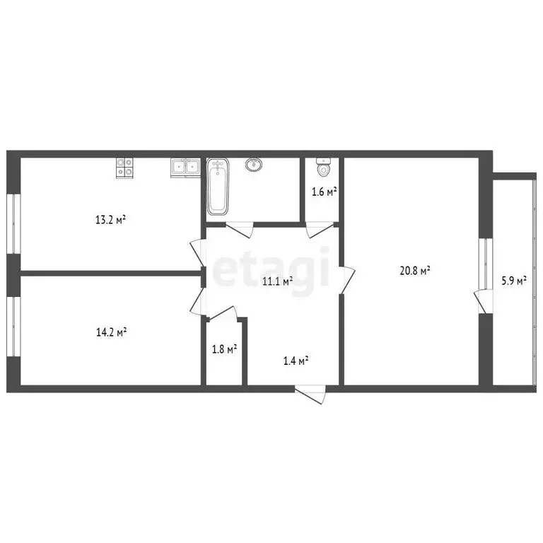 2-комнатная квартира: Чита, Красноармейская улица, 90 (67.1 м) - Фото 1