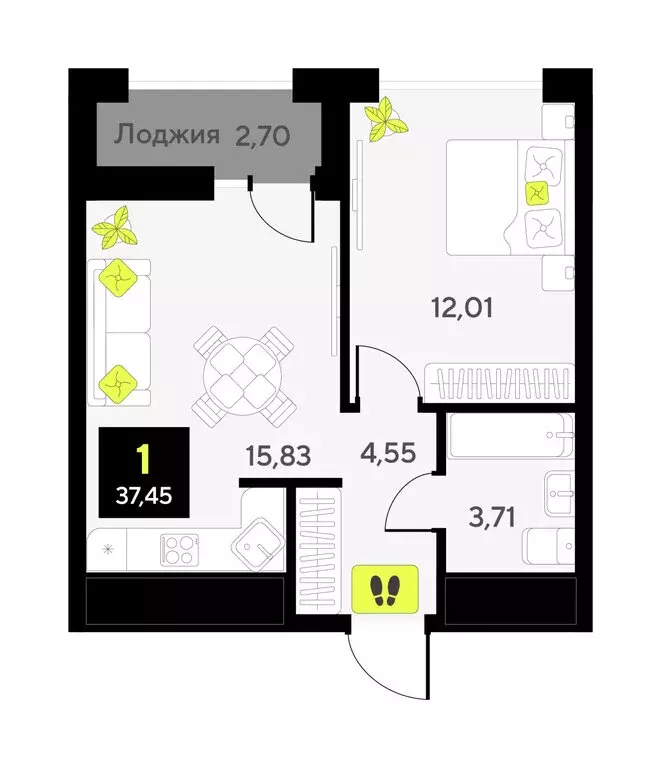 1-комнатная квартира: Тюмень, улица Андрея Приказнова, 1 (35.2 м) - Фото 1