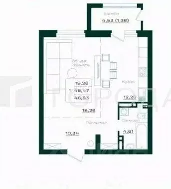 Студия Алтайский край, Барнаул просп. Строителей, 18к1 (46.8 м) - Фото 1