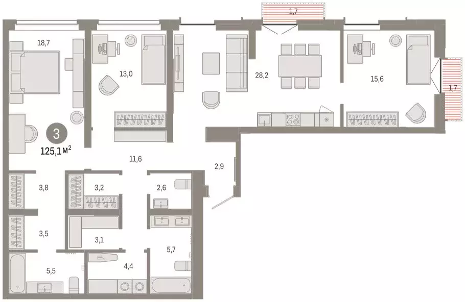 3-комнатная квартира: Тюмень, улица Республики, 205к2 (124.7 м) - Фото 2
