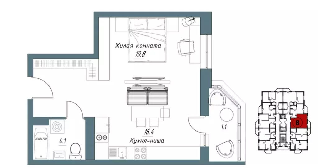 Студия Тамбовская область, Тамбов Свободная ул., 4к4 (41.0 м) - Фото 2